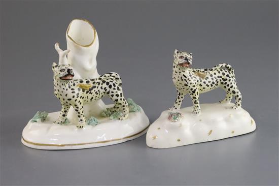 Two Staffordshire porcelain figures of leopards, c.1830-40, L. 12.8cm and 11.5cm